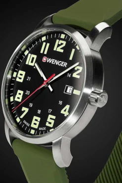 SWISSGEAR Wenger Avenue Watch - Stainless Steel With Black Dial And Green Silicone Strap> Watches